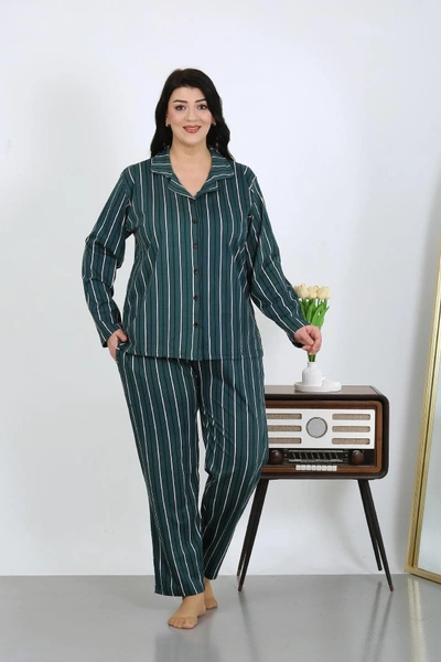 Çizgili Pamuklu Büyük Beden Cepli Düğmeli Kadın Pijama Takım Akbeniz 202504