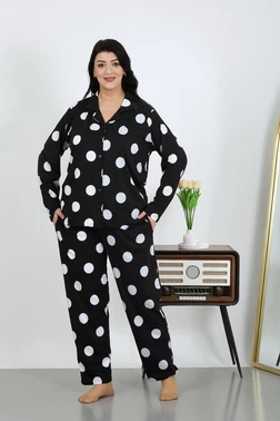 Akbeniz Puantiyeli Cepli Düğmeli Büyük Beden Pamuklu Pijama Takım Akbeniz 202504