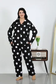 Akbeniz Puantiyeli Cepli Düğmeli Büyük Beden Pamuklu Pijama Takım Akbeniz 202504