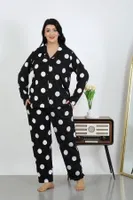 Puantiyeli Cepli Düğmeli Büyük Beden Pamuklu Pijama Takım Akbeniz 202504 Siyah