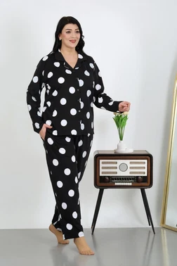 Akbeniz Puantiyeli Cepli Düğmeli Büyük Beden Pamuklu Pijama Takım Akbeniz 202504 - Alternatif Görünüm