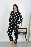 Puantiyeli Cepli Düğmeli Büyük Beden Pamuklu Pijama Takım Akbeniz 202504 Siyah farklı açı