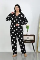 Puantiyeli Cepli Düğmeli Büyük Beden Pamuklu Pijama Takım Akbeniz 202504 Siyah görsel 4