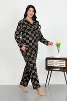 Cepli Düğmeli Büyük Beden Pamuklu Pijama Takım Akbeniz 202506 Siyah detay görünüm