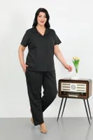 Gömlek Yaka Büyük Beden Penye Cepli Düğmeli Siyah Kadın Pijama Takım Akbeniz 202507 Siyah farklı açı