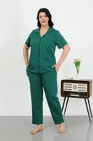 Büyük Beden Pamuklu Cepli Düğmeli Kadın Pijama Takım Akbeniz 202507 Zümrüt Yeşili