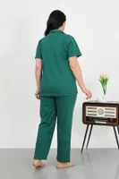 Büyük Beden Pamuklu Cepli Düğmeli Kadın Pijama Takım Akbeniz 202507 Zümrüt Yeşili görsel 4