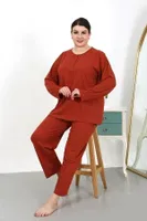 Penye Büyük Beden Uzun Kollu Kadın Pijama Takımı Akbeniz 202501 Kiremit