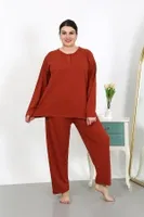 Penye Büyük Beden Uzun Kollu Kadın Pijama Takımı Akbeniz 202501 Kiremit detay görünüm