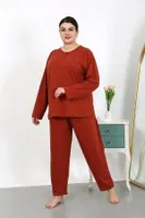Penye Büyük Beden Uzun Kollu Kadın Pijama Takımı Akbeniz 202501 Kiremit farklı açı