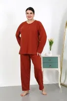 Penye Büyük Beden Uzun Kollu Kadın Pijama Takımı Akbeniz 202501 Kiremit görsel 4