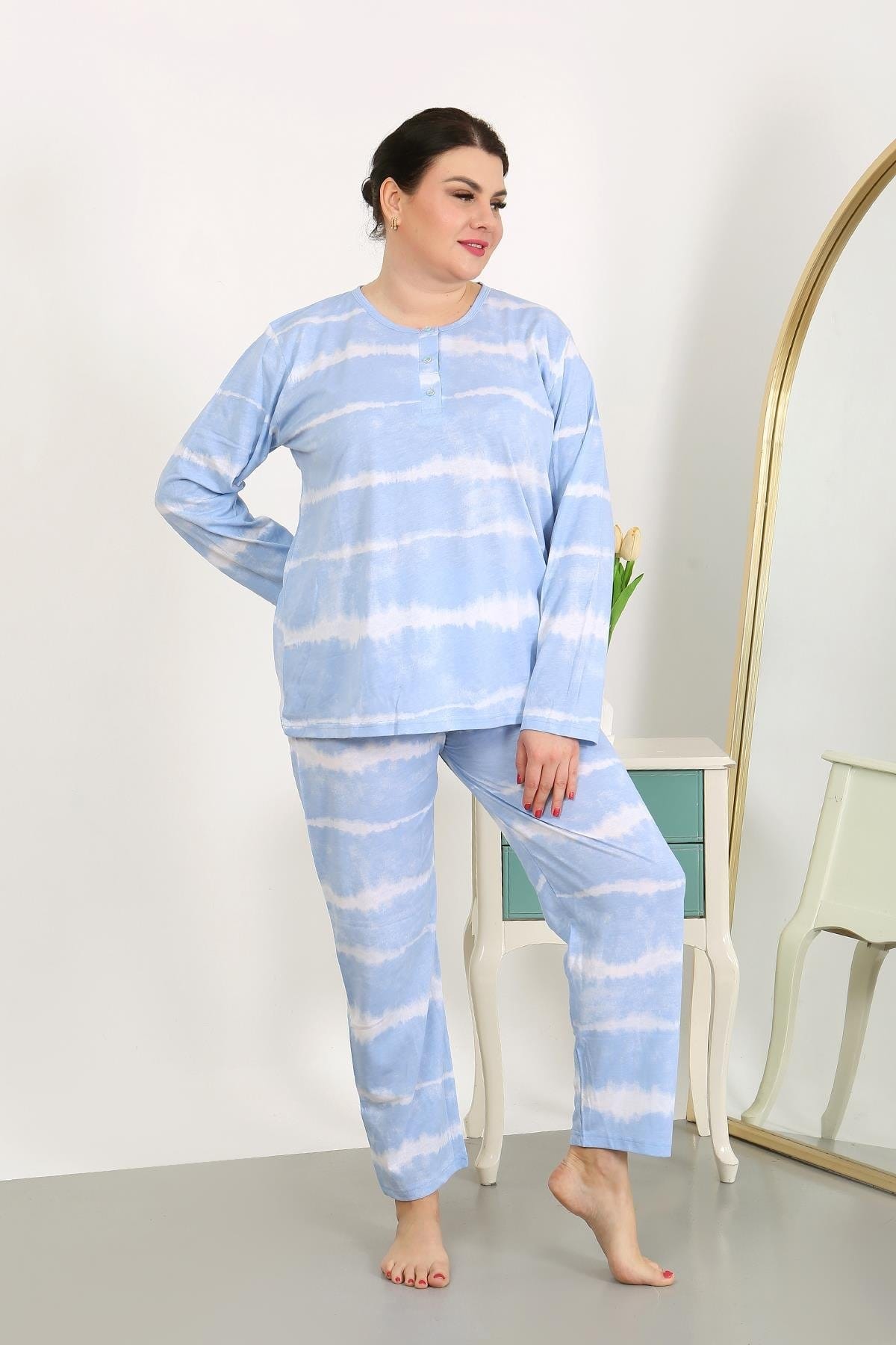 Büyük Beden Yuvarlak Yaka Uzun Kollu Kadın Pijama Takımı Mavi Akbeniz 202502