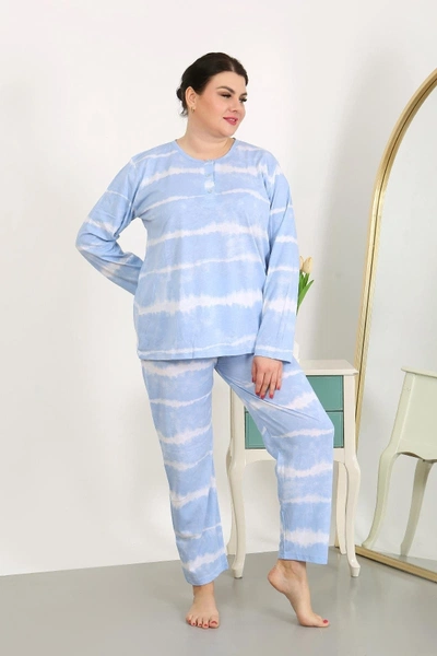 Büyük Beden Yuvarlak Yaka Uzun Kollu Kadın Pijama Takımı Mavi Akbeniz 202502