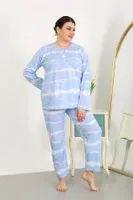 Büyük Beden Yuvarlak Yaka Uzun Kollu Kadın Pijama Takımı Mavi Akbeniz 202502 Mavi