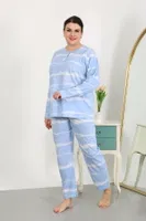 Büyük Beden Yuvarlak Yaka Uzun Kollu Kadın Pijama Takımı Mavi Akbeniz 202502 Mavi farklı açı