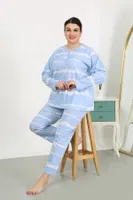 Büyük Beden Yuvarlak Yaka Uzun Kollu Kadın Pijama Takımı Mavi Akbeniz 202502 Mavi görsel 4