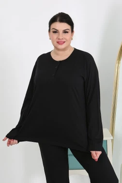 Uzun Kollu Büyük Beden Penye Kadın Pijama Takımı Siyah Akbeniz 202501