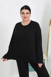 Uzun Kollu Büyük Beden Penye Kadın Pijama Takımı Siyah Akbeniz 202501