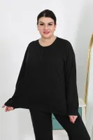 Uzun Kollu Büyük Beden Penye Kadın Pijama Takımı Siyah Akbeniz 202501 Siyah