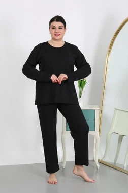 Uzun Kollu Büyük Beden Penye Kadın Pijama Takımı Siyah Akbeniz 202501 - Alternatif Görünüm