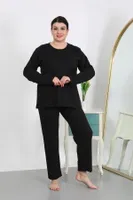 Uzun Kollu Büyük Beden Penye Kadın Pijama Takımı Siyah Akbeniz 202501 Siyah detay görünüm