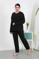 Uzun Kollu Büyük Beden Penye Kadın Pijama Takımı Siyah Akbeniz 202501 Siyah farklı açı