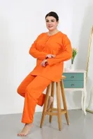 Düğmeli Büyük Beden Penye Uzun Kollu Kadın Pijama Takımı Turuncu Akbeniz 202501 Turuncu