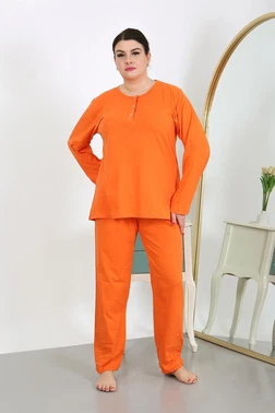 Akbeniz Düğmeli Büyük Beden Penye Uzun Kollu Kadın Pijama Takımı Turuncu Akbeniz 202501 - Alternatif Görünüm