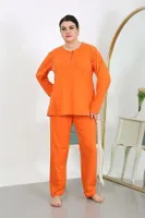 Düğmeli Büyük Beden Penye Uzun Kollu Kadın Pijama Takımı Turuncu Akbeniz 202501 Turuncu detay görünüm