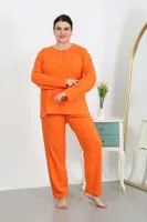 Düğmeli Büyük Beden Penye Uzun Kollu Kadın Pijama Takımı Turuncu Akbeniz 202501 Turuncu görsel 4