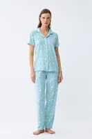 Yıldız Desenli Önden Düğmeli Pijama Takımı Akbeniz 2787  Buz Mavisi