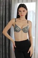  Leopar Desenli Destekli Balenli Kadın Sütyen Akbeniz 4923 Gri detay görünüm