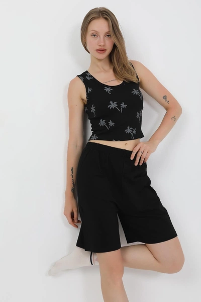 Pamuklu Şortlu Crop Kadın Kalın Askılı Pijama Takım Siyah Akbeniz 3636