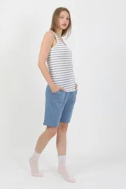 Mavi Kalın Askılı Penye Şortlu Kadın Pijama Takım Akbeniz 3637