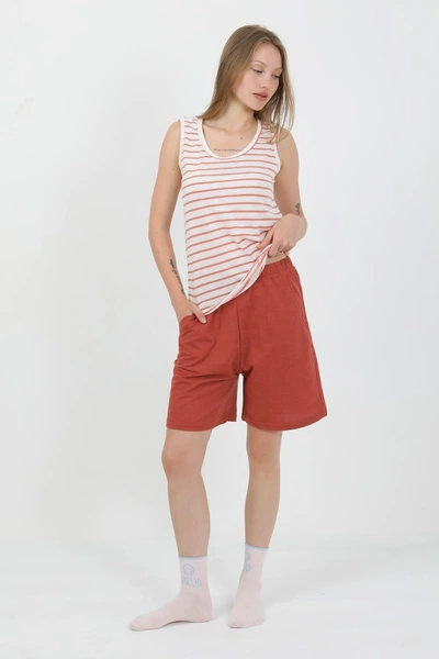 Pamuklu Kalın Askılı Şortlu Kadın Pijama Takım Turuncu Akbeniz 3637