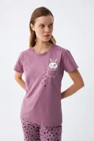 Patili Tavşan Baskılı Cepli Kadın Mor Pijama Takımı Akbeniz  Mor