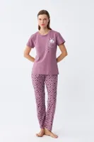 Patili Tavşan Baskılı Cepli Kadın Mor Pijama Takımı Akbeniz  Mor detay görünüm