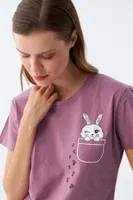 Patili Tavşan Baskılı Cepli Kadın Mor Pijama Takımı Akbeniz  Mor farklı açı