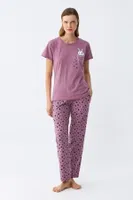 Patili Tavşan Baskılı Cepli Kadın Mor Pijama Takımı Akbeniz  Mor görsel 4