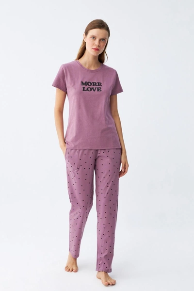 Yıldız Desenli Penye Kısa Kol Kadın Mor Pijama Takımı Akbeniz 2785
