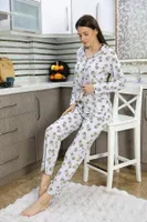Önden Düğmeli Uzun Kollu Kadın Pijama Takım Gri Akbeniz 2784 Gri