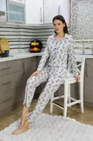 Önden Düğmeli Uzun Kollu Kadın Pijama Takım Gri Akbeniz 2784 Gri görsel 4