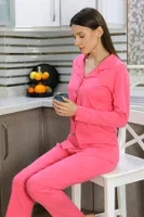 Önden Düğmeli Pamuk Penye Uzun Kol Pijama Takım Pembe Akbeniz 2783 Pembe