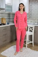 Önden Düğmeli Pamuk Penye Uzun Kol Pijama Takım Pembe Akbeniz 2783 Pembe detay görünüm