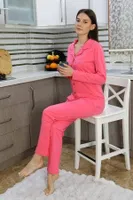 Önden Düğmeli Pamuk Penye Uzun Kol Pijama Takım Pembe Akbeniz 2783 Pembe farklı açı
