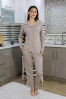Gömlek Yaka Penye Önden Düğmeli Uzun Kol Kadın Pijama Takım Vizon Akbeniz 2783 Vizon detay görünüm