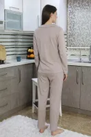 Gömlek Yaka Penye Önden Düğmeli Uzun Kol Kadın Pijama Takım Vizon Akbeniz 2783 Vizon görsel 4
