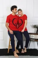 Kırmızı Pamuk Penye Sevgili Kombini Kadın Pijama Takımı Akbeniz 50128  Kırmızı Kadın