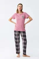 Ayıcık Baskılı Ekoseli Penye Kadın Somon Pijama Takımı Akbeniz 2786 Somon detay görünüm