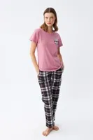 Ayıcık Baskılı Ekoseli Penye Kadın Somon Pijama Takımı Akbeniz 2786 Somon görsel 4